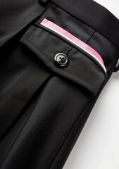 Close-up of black pleated trousers featuring a patch pocket and a pink and white striped detail along the side seam