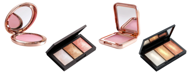 Collection of makeup compacts with highlighter, blush, and eyeshadow.