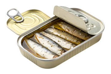 open tin can with sardines in oil ready meal