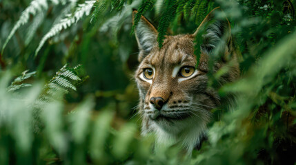 Fototapeta premium Eurasian lynx hiding in the forest looking away