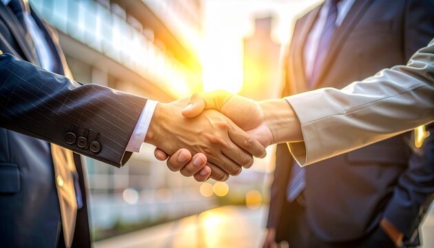 Successful business partnership sealed with a handshake under golden sunlight, symbolizing trust and future collaboration in a modern urban setting.