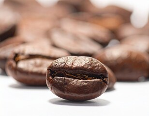Coffee, beans, roasted, isolated, close-up, fresh, aromatic, dark, brown, glossy, natural, organic, food, beverage, caffeine, energy, breakfast, ingredient, texture, surface, macro, background, heap, 
