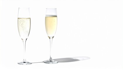 Champagne glass isolated on clean white background, elegant sparkling drink shining with bubbles, festive symbol of luxury, toast, celebration, romance, refined lifestyle, party, dinner, New Year, wed