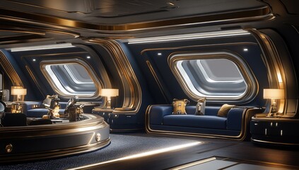 Luxurious, futuristic interior with gold accents and navy blue upholstery