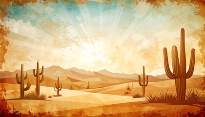 Vintage Western Desert Landscape with Saguaro Cacti.