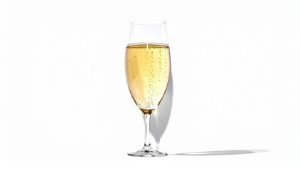 Champagne glass isolated on clean white background, elegant sparkling drink shining with bubbles, festive symbol of luxury, toast, celebration, romance, refined lifestyle, party, dinner, New Year, wed