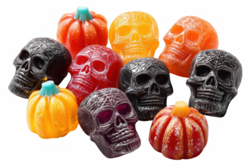 Skull candy gummy pumpkin candy orange black red sweet spooky Halloween transparency background with playful mood