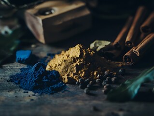 Vibrant Spices and Herbs on Dark Wood Background