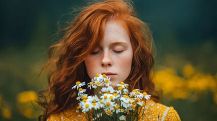 Redhead woman smelling chamomile flowers with closed eyes in a field