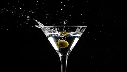 A refreshing olive martini cocktail splashes dramatically into a clear glass against a stark black background, showcasing the vibrant motion and elegant allure of the spirits