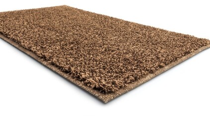 A brown, rectangular rug with a shaggy texture is presented at a slight angle against a white backdrop, showcasing its fluffy fibers and a visible backing