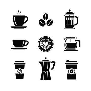 Coffee Icons: Cups, Beans, and Brewing Methods mug espresso latte cappuccino americano french press cafetiere moka pot bialetti
