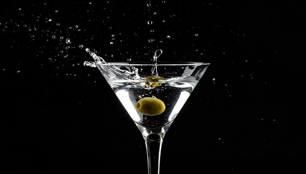 A refreshing olive martini cocktail splashes dramatically into a clear glass against a stark black background, showcasing the vibrant motion and elegant allure of the spirits