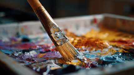 Obraz premium Paintbrush picking up yellow oil paint from artist palette