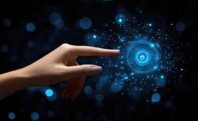 A hand points to a glowing, abstract digital sphere