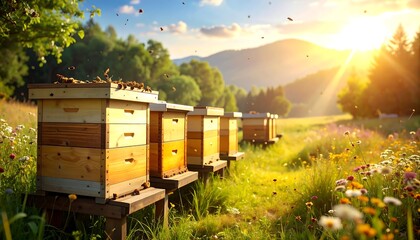 A picturesque apiary with several wooden beehives amidst a sunny meadow, with vibrant wildflowers and a mountain backdrop. Bees are flying