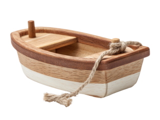 Wooden toy boat, light brown and white