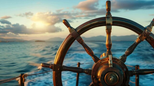 Ship's wooden steering wheel at sunset with view of ocean and distant hills under partly cloudy sky