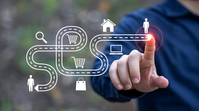 Person interacting with a digital roadmap of business and consumer journey