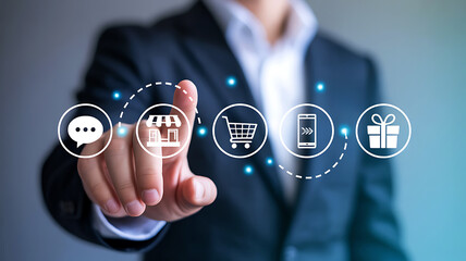 Businessman interacting with digital shopping icons on a futuristic interface