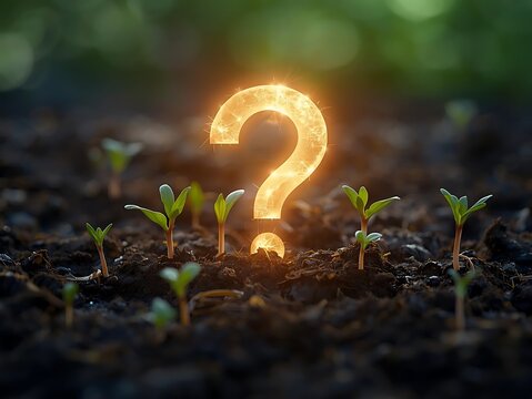Glowing question mark emerges from seedlings in dark soil