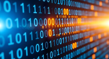 Digital binary code stream with glowing orange numbers on a blue background, representing data, technology, and information flow.
