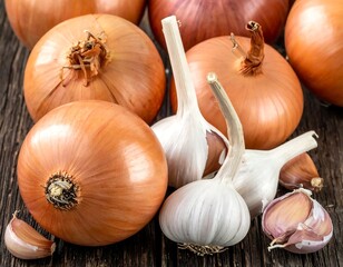 Assorted onions and garlic on a wooden surface