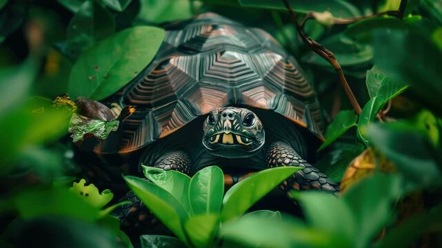 Tortoise with patterned shell amidst green leaves