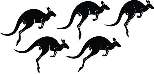Kangaroo silhouette sequence, five jumping poses in motion, black vector icons for wildlife, animation, locomotion, nature, and Australian design