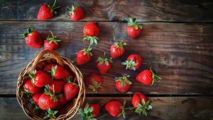 A rustic overhead shot of fresh, red strawberries scattered on a dark wooden surface, some in a wicker basket