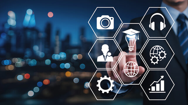 Businessman interacting with digital icons representing technology and education