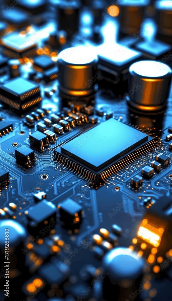 Poster close-up of an illuminated printed circuit board with microchips and complex electronic components