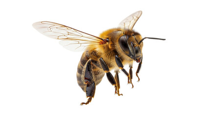 A single meticulously detailed European honey bee with fuzzy golden-brown body, iridescent wings, hovering against a transparent studio background, concept of biological precision and biodiversity