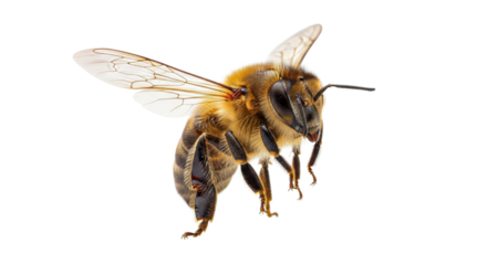 A single meticulously detailed European honey bee with fuzzy golden-brown body, iridescent wings, hovering against a transparent studio background, concept of biological precision and biodiversity