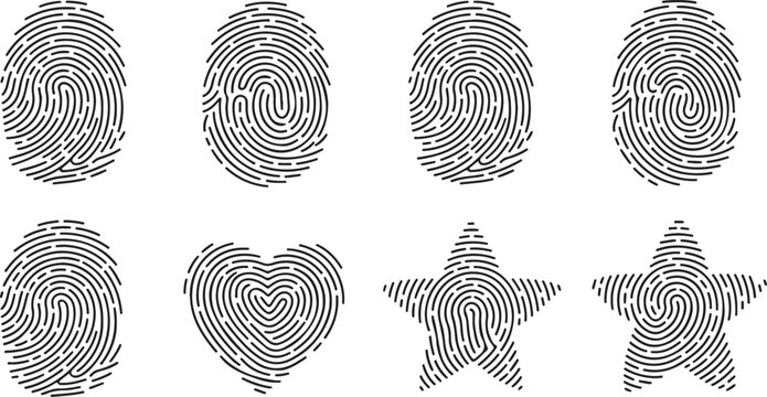 Collection of black fingerprint patterns in various shapes including a heart and stars on a white background