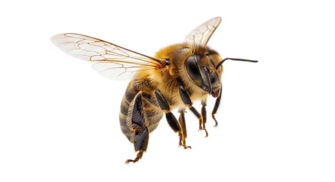 A single meticulously detailed European honey bee with fuzzy golden-brown body, iridescent wings, hovering against a transparent studio background, concept of biological precision and biodiversity