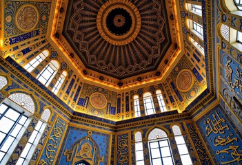 Fototapeta premium Majestic Interior of a Dome with Elaborate Islamic Art Featuring Geometric Patterns and Arabic Calligraphy in Rich Blues and Golds