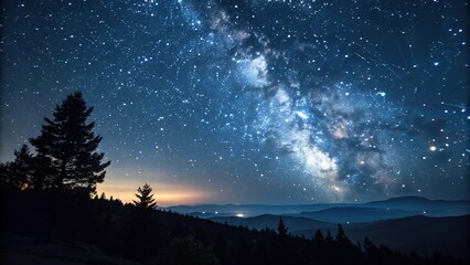 Naklejka premium Stunning night sky filled with stars over a peaceful mountain landscape during twilight hours
