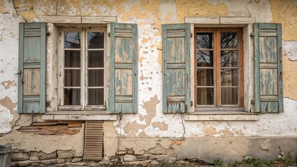 Obraz premium Weathered shutters with peeling paint reveal forgotten charm of an old building facade