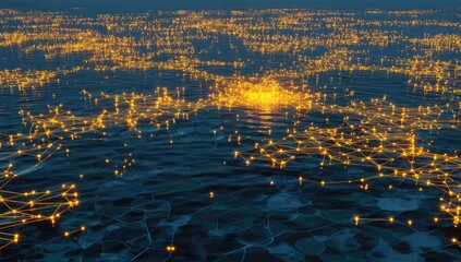 Glowing golden network nodes and lines ripple across a dark blue, textured surface, suggesting a digital or technological sea