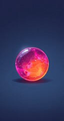 A vibrant, translucent sphere containing swirling nebula-like patterns of pink and orange, rests on a dark blue surface, casting a subtle shadow