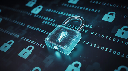 Digital padlock unlocked over binary code representing data security and protection