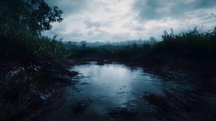 A muddy path with a reflective puddle under a dramatic overcast sky