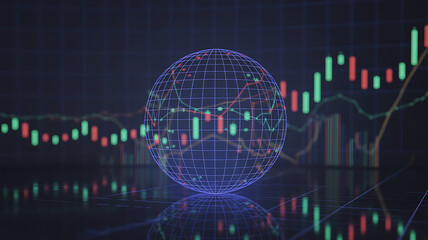Digital globe with financial stock market candlestick charts and data