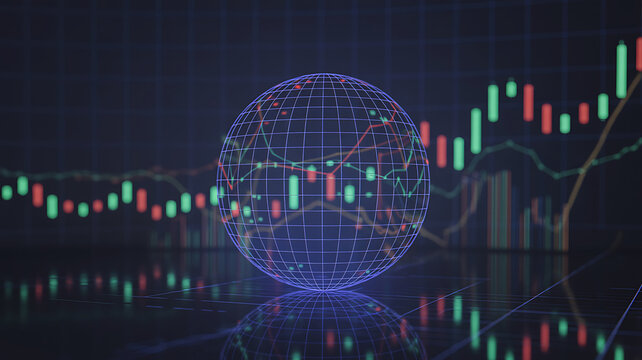Digital globe with financial stock market candlestick charts and data