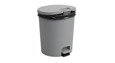 Gray pedal bin with a black garbage bag inside isolated PNG with Transparent Background