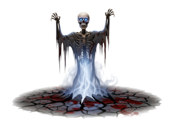 A spectral skeleton, draped in tattered, dripping cloth, rises from a cracked, bloody earth, emanating ethereal blue light.