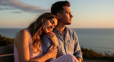 A young couple sits on a bench overlooking the ocean at sunset, sharing a serene moment.