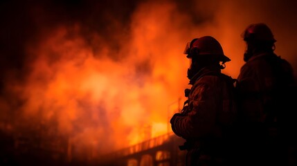 Fototapeta premium Silhouetted firefighters observe a large intense building fire with heavy smoke and orange flames