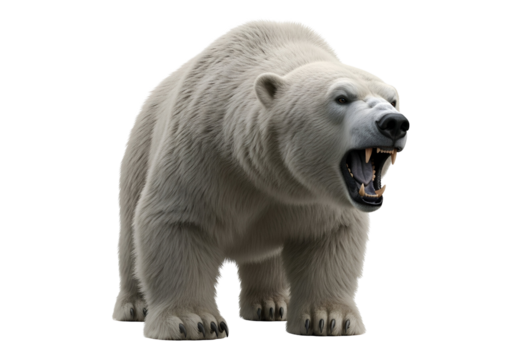 A powerful polar bear, showcasing detailed fur and a menacing roar, stands against a stark black background.